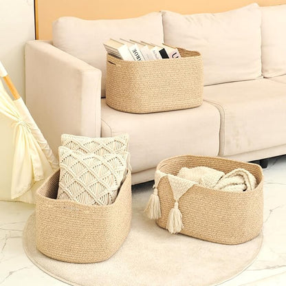 ICERZCZ Large Storage Baskets for Organizing Shelves, Woven Cotton Rope Bins for Baby Nursery Organization, Book Toy Towel Organizer, 17"x13"x9.5", 3 Packs, Brown