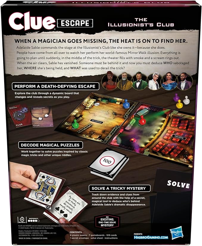 Clue Escape: The Illusionist’s Club Board Game | Escape Room Family Game | 1-Time Solve Mystery | Ages 10+ | 1-6 Players | Difficulty 4 | 90 - 120 Mins.
