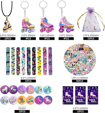 122 PCS Roller Skate Party Favors Skating Party Supplies with Key Chains Button Pins Stickers Rubber Bracelets for Hip Hop Disco 80s 90s Themed Party (style 2)