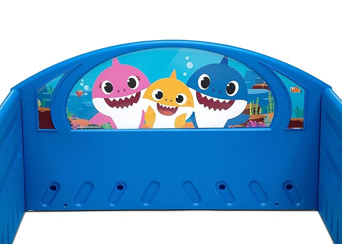 Baby Shark Plastic Sleep and Play Plastic Toddler Bed with Attached Guardrails by Delta Children, Blue