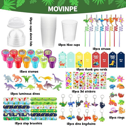 MOVINPE Dinosaur Party Favors Personalize Goody Cups with Gift Tags, Filled with Dinosaur Themed Reusable Straws Stampers Luminous Dinos Figure Slap Bracelets Keychains Rings 3D Stickers for Kids