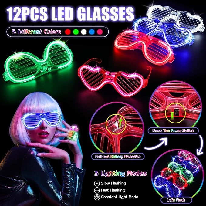 Glow in the Dark Party Supplies, Light Up Party Favors with 12 LED Glasses,Foam Glow Sticks,Light Up Headband, 6 Glow Bracelets,Finger Lights,Glow Rings for Kids Adults Neon Party Decorations