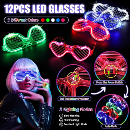 Glow in the Dark Party Supplies, Light Up Party Favors with 12 LED Glasses,Foam Glow Sticks,Light Up Headband, 6 Glow Bracelets,Finger Lights,Glow Rings for Kids Adults Neon Party Decorations