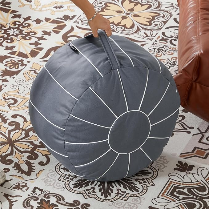 Louis Donné 21 Inch Unstuffed Moroccan Pouf Ottoman Cover, Handmade Faux Leather Foot Stool, Round Storage Poof Cover, Exotic Décor for Living Room Bedroom or Wedding Gifts (Light Gray)