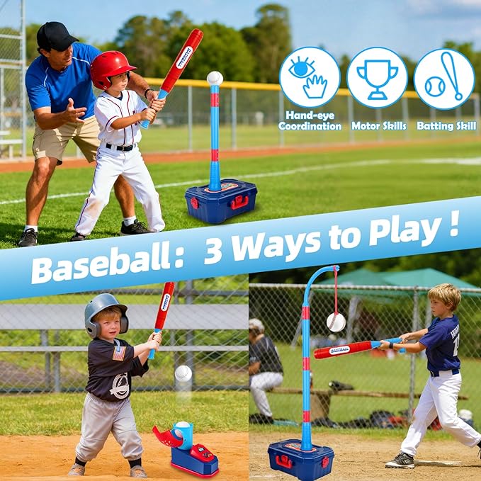 4 in 1 Kids Basketball Hoop and Tball Set for Toddlers 3+, Adjustable Basketball Stand, Hanging Tee Baseball Toy Set, Portable Indoor Outdoor Sports Toys, Birthday for Boys Ages 3-8