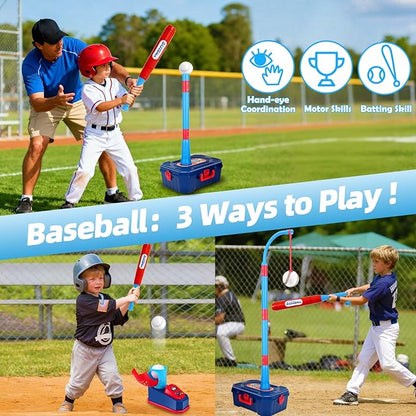4 in 1 Kids Basketball Hoop and Tball Set for Toddlers 3+, Adjustable Basketball Stand, Hanging Tee Baseball Toy Set, Portable Indoor Outdoor Sports Toys, Birthday for Boys Ages 3-8