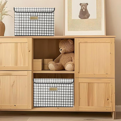 STOREONE Fabric Storage Cube Bins Foldable Organizer Container Collapsible Basket with Lids and Metal Handles, for Home, Bedroom, Closet 3 Pcs (Houndstooth)