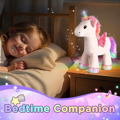 iPlay, iLearn Plush Magic Unicorn Toy W/Remote Control Fairy Magical Wand, Girl Music Unicorn Stuffed Animal W/LED Light Sound, Interactive Birthday Gift 18 24 Month Baby Toddler 2 3 4 5 6 7 Year Kid