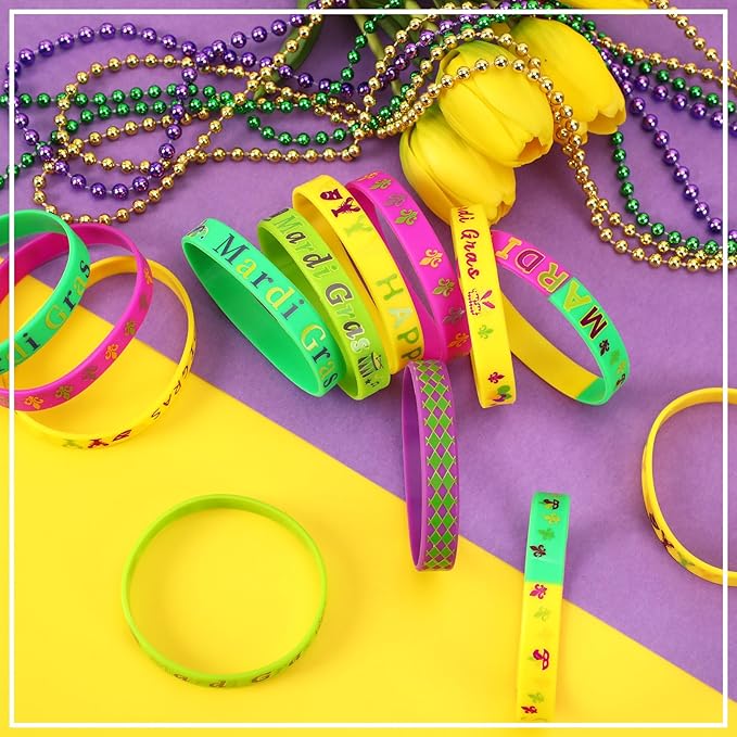 JUNEBRUSHS Mardi Gras Party Favors, 42Pcs Mardi Gras Silicone Rubber Wristbands Bracelets for Mardi Gras Carnival Birthday Party Supplies Decorations Goodie Bag Stuff Fillers