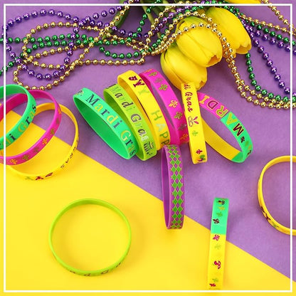 JUNEBRUSHS Mardi Gras Party Favors, 42Pcs Mardi Gras Silicone Rubber Wristbands Bracelets for Mardi Gras Carnival Birthday Party Supplies Decorations Goodie Bag Stuff Fillers