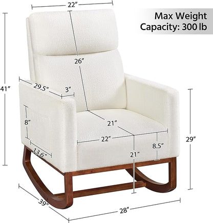 Yaheetech Upholstered Rocking Chair, Boucle Glider Chair Nursery Chair with High Back and Side Pocket, Rocking Accent Armchair with Rubber Wood Legs for Living Room/Bedroom/Nursery, Ivory