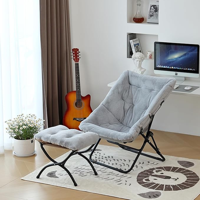 Comfy Saucer Chair, Soft Faux Fur Oversized Folding Accent Chair, Flexible Lounge Lazy Chair for Adults Kids, Metal Frame Moon Chair for Dorm Room, Bedroom, Living Room