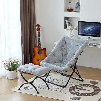 Comfy Saucer Chair, Soft Faux Fur Oversized Folding Accent Chair, Flexible Lounge Lazy Chair for Adults Kids, Metal Frame Moon Chair for Dorm Room, Bedroom, Living Room