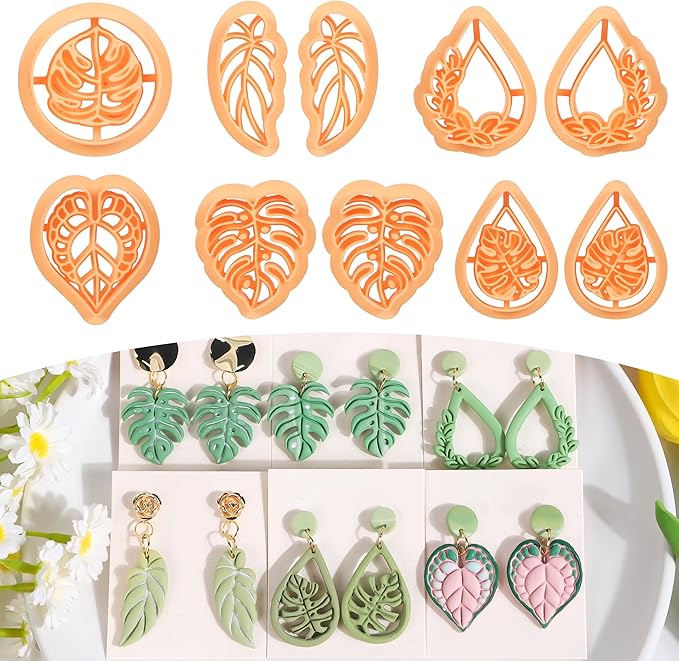 Puocaon Tropical Leaf Polymer Clay Cutters - 10 Pcs Monstera Leaves Clay Earrings Making Kit Botanical Plant Stud Cutters for Earrings Jewelry Making