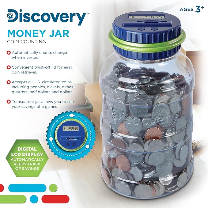 Discovey Digital Coin Counter Money Jar, LCD Screen, Automatic Piggy Bank Savings for US Coins, Keeps Track of Deposits, Battery Operated, Kids Gift