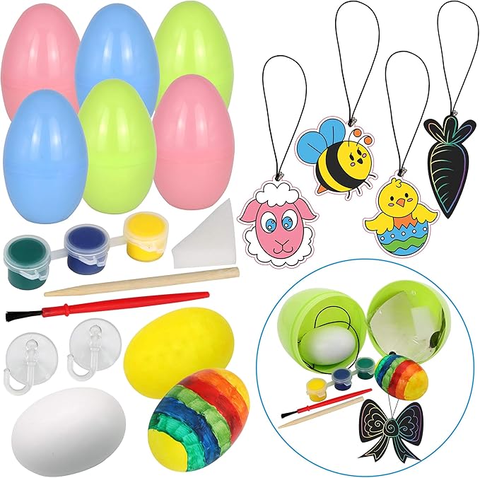 JOYIN 54 Pcs Easter Crafts Assortment Kit with Prefilled Easter Eggs Painting Kit Include Wooden Eggs, Suncatchers and Scratch Cards for Party Favor, Basket Stuffers Fillers
