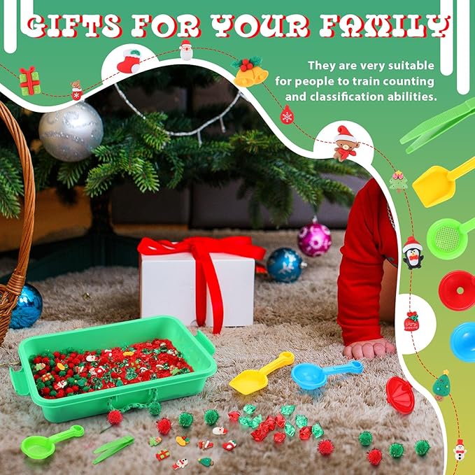 Christmas Sensory Bin with Lid, 317 Pcs Christmas Sensory Sand Kit with Christmas Toys Preschool Learning Activities Tools Box Outdoor Sandbox Toys Christmas Gift for Girls and Boy