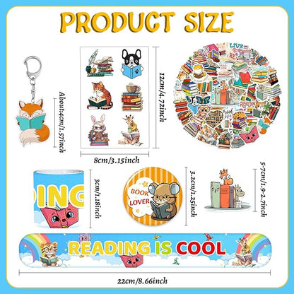98 PCS Reading Book Party Favors, Reading Book Temporary Tattoos Slap Bracelets Stickers Badges Keychains for Reading Book Birthday Party Decorations Supplies for Kids Boys Girls Book Lovers