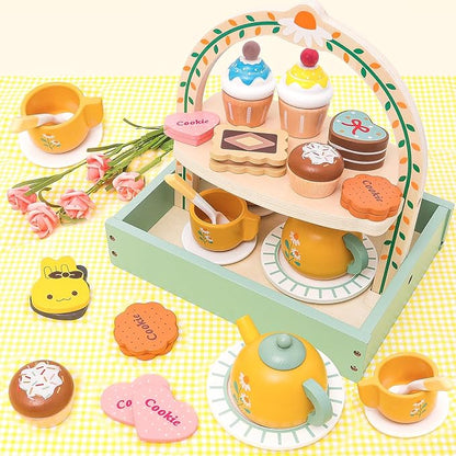 Wooden Tea Party Set for Little Girls Toddler Tea Set Toys with Cupcake Stand & Play Food Kitchen Accessories, Wooden Pretend Play Toys for Toddlers Christmas Birthday Gift for 3 4 5 6 Years Old Girl