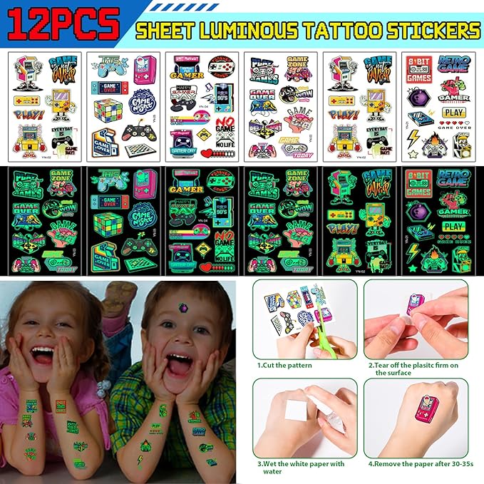 60Pcs Video Game Party Favors Gamer Birthday Party Supplies for Kids Non Woven Bags Silicone Bracelet Stamper Keychain Glow Sticker Game on Gift Goodie Treat Bag Fillers Boy Gaming Party Favors