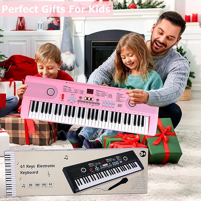 Keyboard Piano 61 Key Electric Digital Piano Music keyboard w/Microphone Portable Piano For Kids Beginner Birthday Christmas Gifts Pink