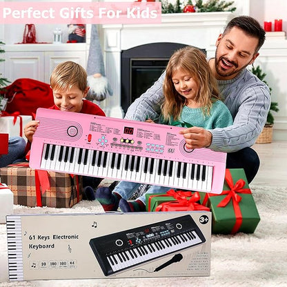 Keyboard Piano 61 Key Electric Digital Piano Music keyboard w/Microphone Portable Piano For Kids Beginner Birthday Christmas Gifts Pink