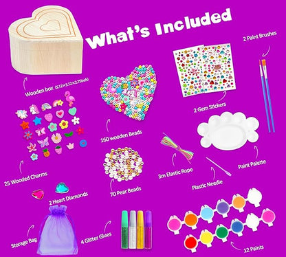 Paint Your Own Jewelry Box & Jewelry Making Kit - Arts and Crafts Painting Kits for Kids Girls Age 6-8, 250 PCS Wooden Beads Bracelets Making Kit Toys Gifts for Christmas Birthday 8-12 Years Old