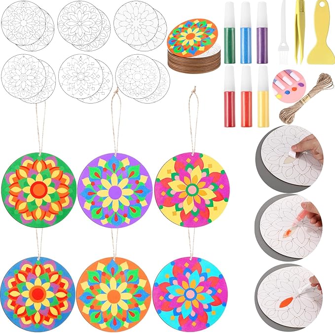 12 Pcs 7 Inch Wooden Mandala Sand Arts Rangoli Mandala Sand Art with 6 Colorful Sand Art Mandala DIY Coloring Kit for Indian Festivals Gifts Diwali Party Decor Supplies
