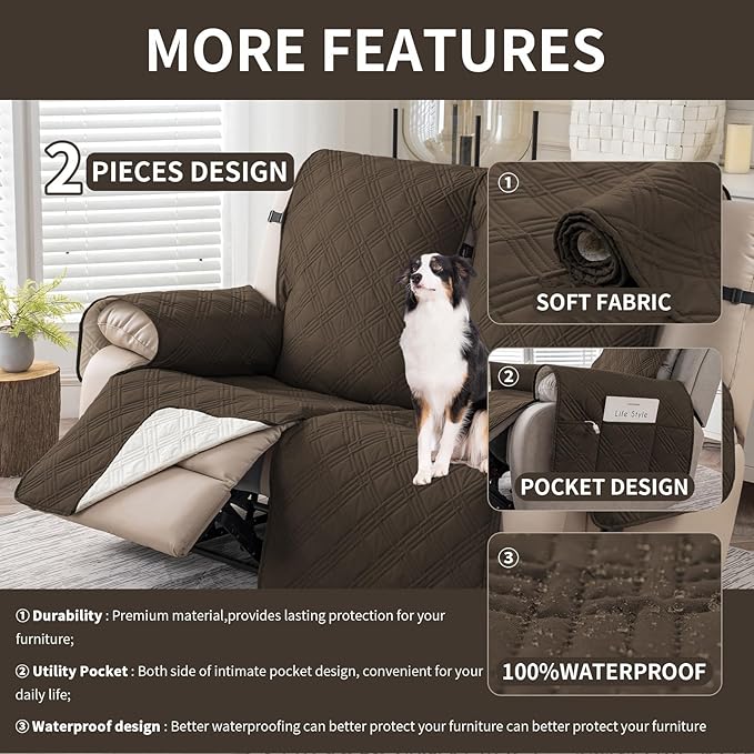 Easehomey Waterproof Loveseat Recliner Cover,Non Slip Reclining Couch Covers for 2 Seat,Dog Chair Cover Furniture Protector Washable Chair Cover with Pocket for Kids,Pets,Dogs(Coffee,2Seat)