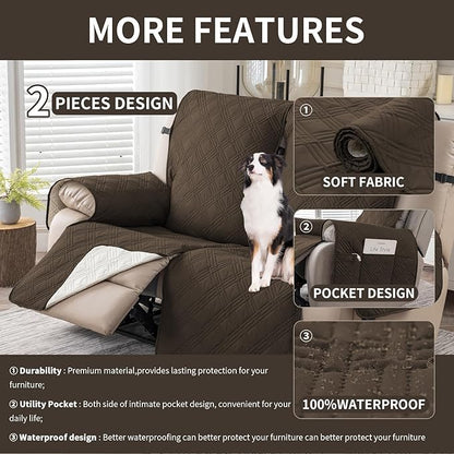 Easehomey Waterproof Loveseat Recliner Cover,Non Slip Reclining Couch Covers for 2 Seat,Dog Chair Cover Furniture Protector Washable Chair Cover with Pocket for Kids,Pets,Dogs(Coffee,2Seat)