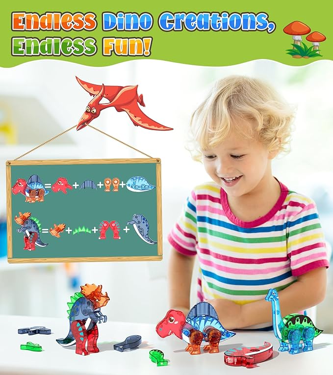 105 Pcs Dinosaur Egg Magnetic Tiles Set - 2 Eggs, 2 Baby Dinos & 5 Large Dinosaurs Toys for Kids 3-5, Magnet Building Blocks for Toddlers 1-3 & Kids Ages 4-8