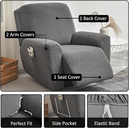 NILUOH Stretch Recliner Chair Cover 4-Pieces Recliner Covers for Large Recliner Jacquard Lazy Boy Chair Covers Soft Reclining Chair Cover Furniture Protector with Elastic Bottom (Leaf Dark Grey)