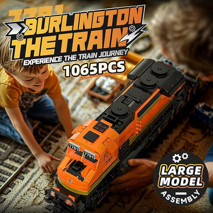 Burlington Train Building Set, Freight Cargo Train, with Rechargeable Motorized Working Head, 2 Coaches and 32 Tracks, Gift for Boys&Girls Teens Age12-16 (1065 Pieces)