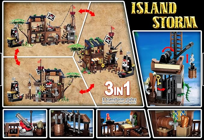 3 Style Pirate Ship Wharf Building Toy with LED Light - 781PCS Medieval Pirate's House Building Block Set, Architecture Bricks Kit for Kids Girls Boys Ages 6-12+ Birthday Gifts