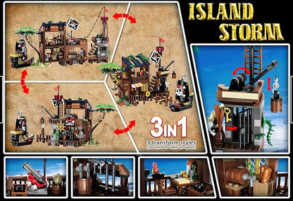 3 Style Pirate Ship Wharf Building Toy with LED Light - 781PCS Medieval Pirate's House Building Block Set, Architecture Bricks Kit for Kids Girls Boys Ages 6-12+ Birthday Gifts