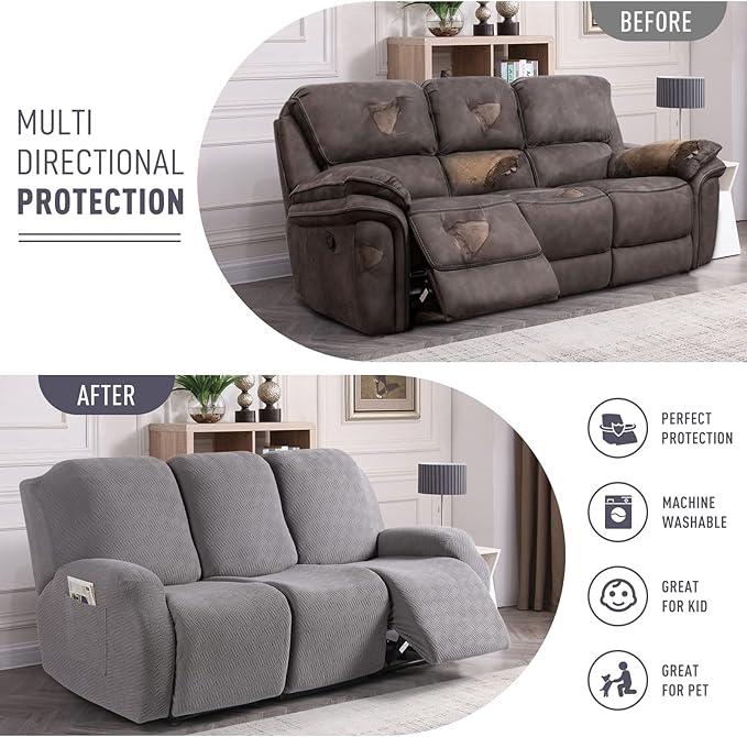 KinCam Recliner Covers, Stretch Reclining Chair Covers, Recliner Sofa Slipcovers Stripe Jacquard Recliner Couch Covers Furniture Protector Covers for Pet Kid (3 Seater, Light Gray)