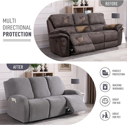 KinCam Recliner Covers, Stretch Reclining Chair Covers, Recliner Sofa Slipcovers Stripe Jacquard Recliner Couch Covers Furniture Protector Covers for Pet Kid (3 Seater, Light Gray)