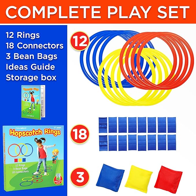 Hopscotch Rings, 12 x 11 Inch Rings & 3 Bean Bags, Play Hopscotch Outdoor & Indoor Obstacle Course for Kids 3-5, Recess Toys & Physical Education Equipment, Gross Motor Games PE Equipment