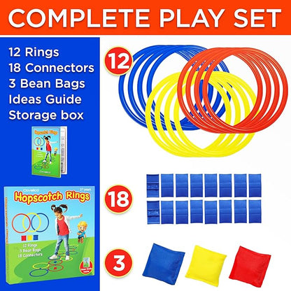 Hopscotch Rings, 12 x 11 Inch Rings & 3 Bean Bags, Play Hopscotch Outdoor & Indoor Obstacle Course for Kids 3-5, Recess Toys & Physical Education Equipment, Gross Motor Games PE Equipment