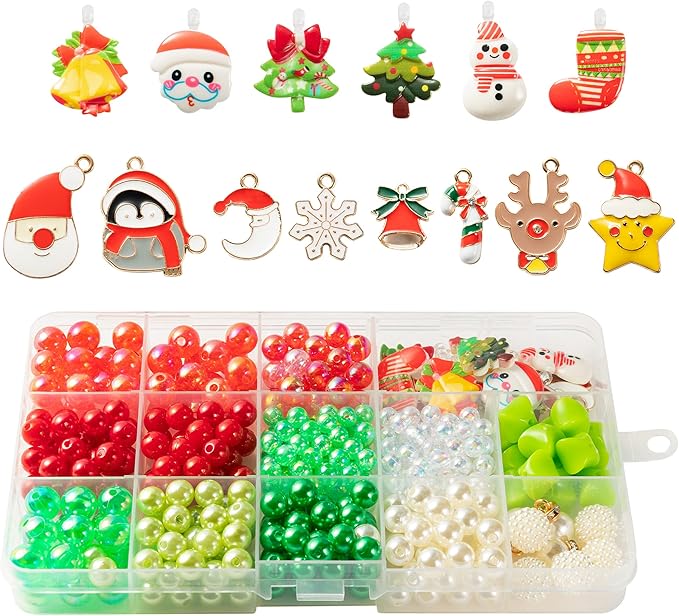 OSNIE Red Green DIY Bead Jewelry Making Kit - Santa Claus Snowman Penguin Christmas Trees Reindeer Stocking Snowflake Bell Charm Bead for Kids Bracelets Necklaces Craft Material Beading Kit 400Pcs+