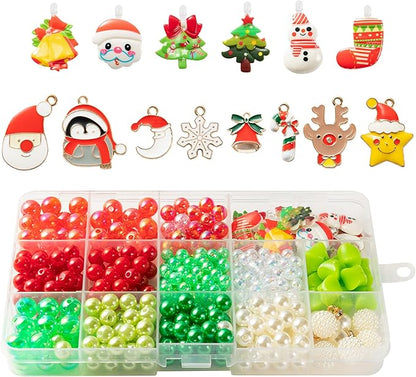 OSNIE Red Green DIY Bead Jewelry Making Kit - Santa Claus Snowman Penguin Christmas Trees Reindeer Stocking Snowflake Bell Charm Bead for Kids Bracelets Necklaces Craft Material Beading Kit 400Pcs+