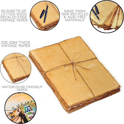 50 Pack Cotton Watercolor Paper with Deckle Edge 200 GSM Rough Textured Watercolor Paper for Writing