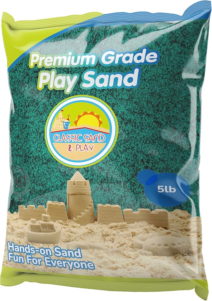 Classic Sand and Play Green Colored Play Sand, 5 lb. Bag, Natural and Non-Toxic, Fun Wet and Dry Indoor and Outdoor, Sandbox, Therapy, and Table Use, Building, Stimulate Sensory Needs