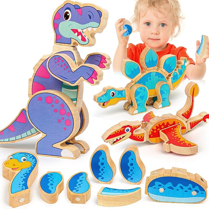 Dinosaur Toys for Kids 3-5,Wooden Magnetic Dino Take Apart Building Blocks Toys for Fine Motor Skills & Creative Play,Easter Basket Stuffers Gifts for Toddler Boys Girls