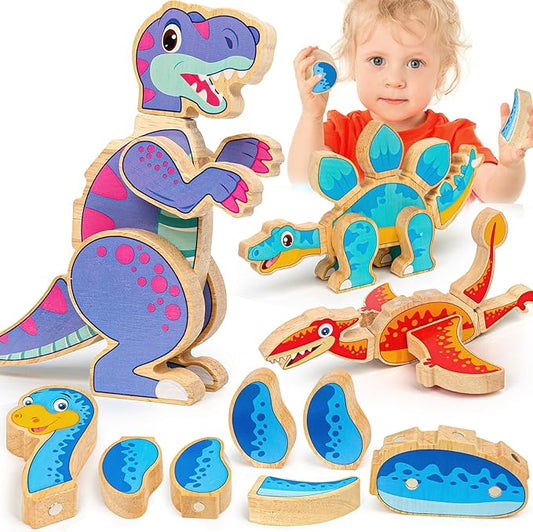 Dinosaur Toys for Kids 3-5,Wooden Magnetic Dino Take Apart Building Blocks Toys for Fine Motor Skills & Creative Play,Easter Basket Stuffers Gifts for Toddler Boys Girls