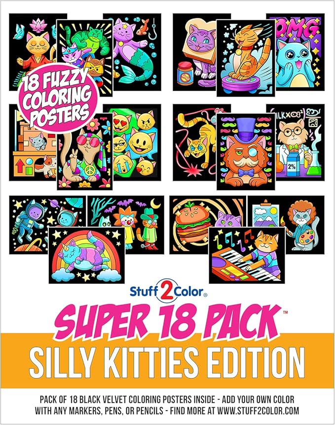 Super Pack of 18 Fuzzy Coloring Posters (Silly Kitties Edition) - Arts & Crafts for Kids, Toddlers, Girls, Boys & Adults - Great for Family Fun Activities or Coloring with Friends (1 Pack)