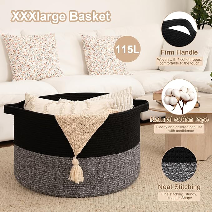OIAHOMY 115L Extra Large Blanket Basket, 23.6" x 15.4" Woven Cotton Rope Laundry Basket for Organizing Pillows, Decorative Stuffed Animal Toy Storage Bin for Nursery, Black and Grey