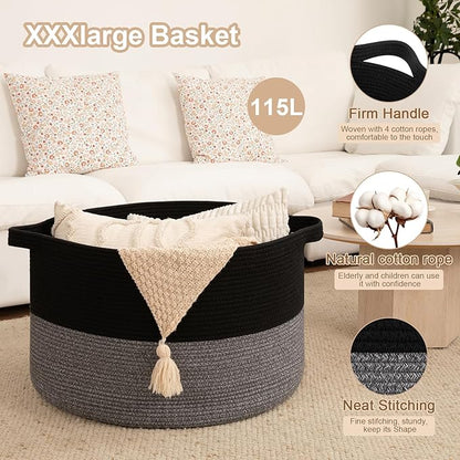 OIAHOMY 115L Extra Large Blanket Basket, 23.6" x 15.4" Woven Cotton Rope Laundry Basket for Organizing Pillows, Decorative Stuffed Animal Toy Storage Bin for Nursery, Black and Grey