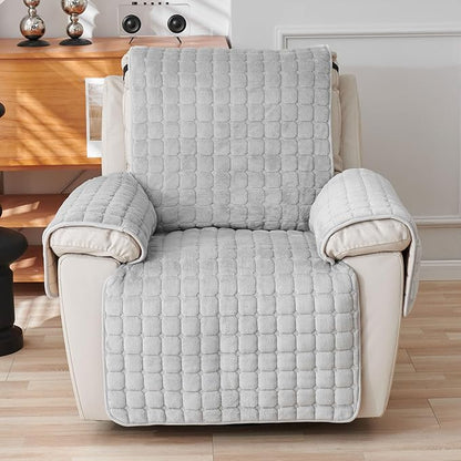 Quilted Recliner Chair Covers, Plush Non Slip Chair Slipcover Soft Washable Couch Cover Furniture Protector with Elastic Straps and Pocket for Kids, Dogs, Pets (Grey, 1 Seater)
