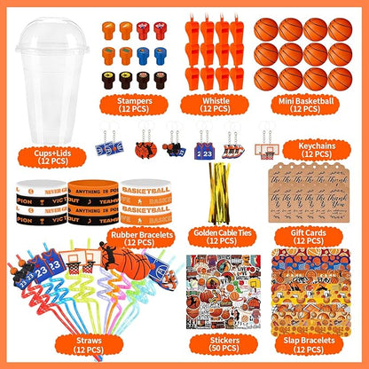 Basketball Party Favors 170 Pcs Basketball Birthday Party Decoration With Cups Straws Slap Bracelets Whistles Stress Balls Wristbands Keychains Stamps Stickers Thank you Tags (Basketball)